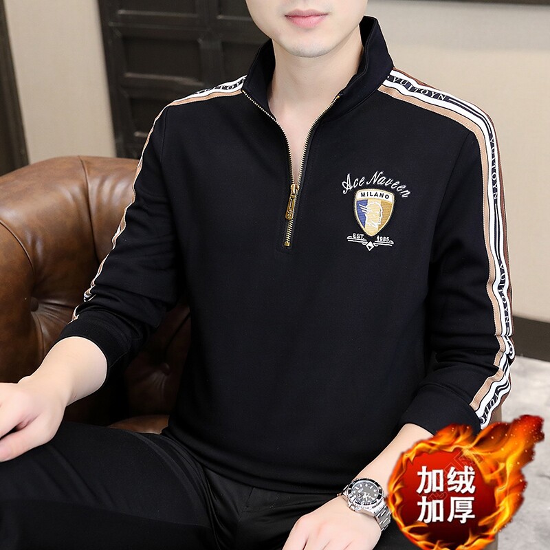 冬季加绒加厚卫衣男精工立领时尚简欧风打底衫店主风白色9256P70,男装卫衣,星座1207