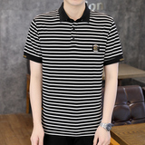 夏季舒适翻领商务条纹POLO衫简欧版字母休闲刺绣收口黑色8543P37，男装Polo衫，星座1207