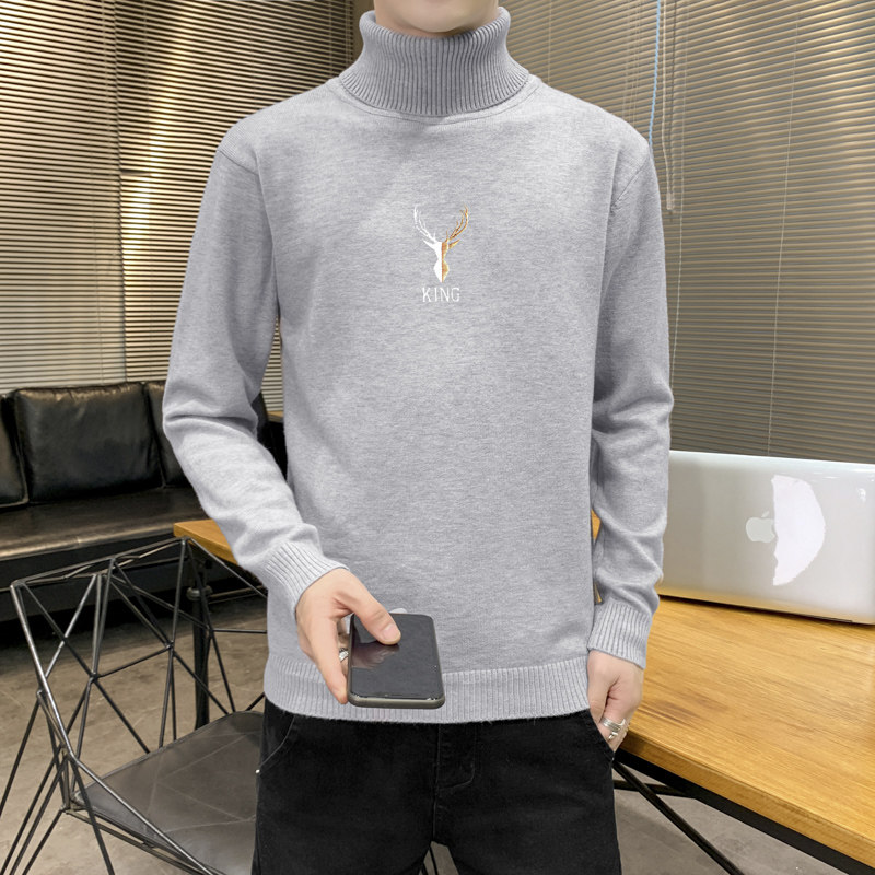 秋冬可翻高领毛衣男鹿头纯色长袖刺绣毛衫打底针织衫浅灰M255P33图片