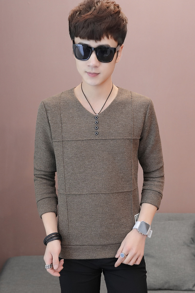 潮圆领长袖T恤男V领卫衣男套头修身打底衫四粒扣咖啡色W9602P23,男装卫衣,星座1207
