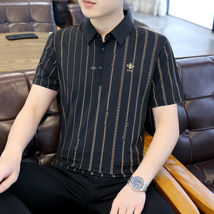 夏季棉短袖半袖Polo衫翻领t恤男冰丝断条纹商务五分袖黑色8503P40,男装Polo衫,星座1207