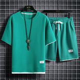 夏季抖音主推华夫格套装短袖短裤男宽松半袖落肩情侣黑TZ9318P38，男装休闲套装，星座1207