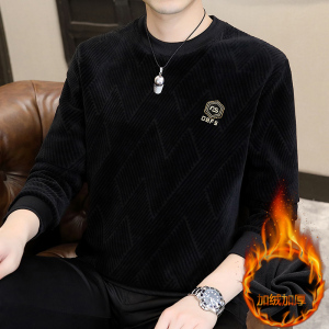 冬季加厚卫衣男商务舒适保暖打底衫一体绒海岛绒刺绣藏青9253P53图片
