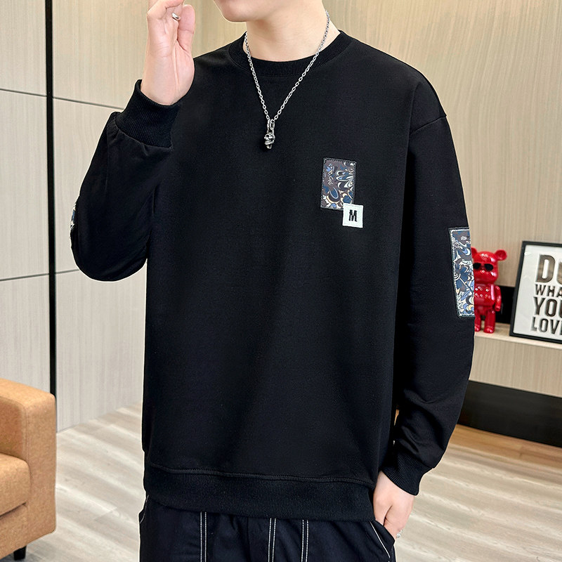 长袖卫衣男t恤男大码圆领套头刺绣宽松休闲精工艺模特黑色9758P40图片