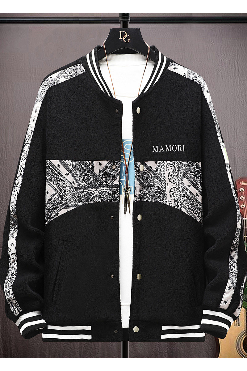 高质量直播颗粒绒拼接日系棒球服男夹克外套风衣棉服黑色9822P75,男装夹克,星座1207