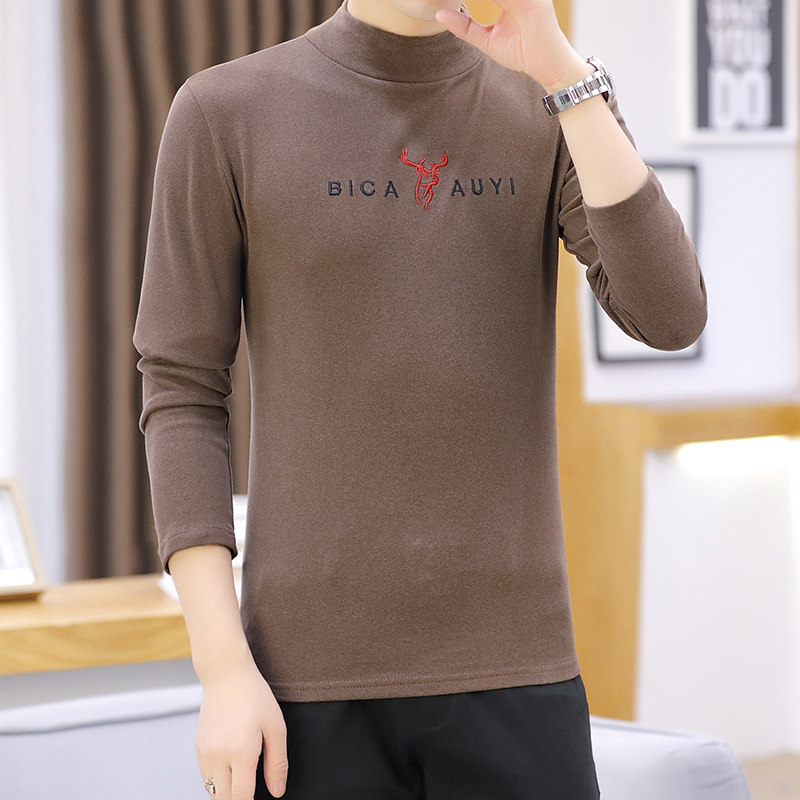 冬季半高领双面绒刺绣小鹿卫衣男加绒加厚保暖打底衫长袖棕335P28图片