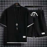 夏季抖音主推华夫格套装短袖短裤男宽松半袖落肩情侣黑TZ9318P38，男装休闲套装，星座1207