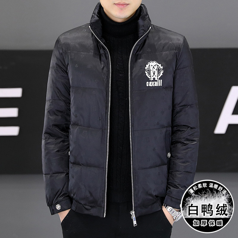 冬简欧羽绒服暗花刺绣亮面90%白鸭商务立领厚外套黑Y9181P280,男装羽绒服,星座1207