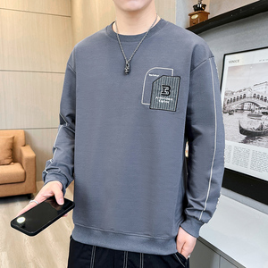 长袖卫衣男t恤男大码圆领套头刺绣宽松休闲店主风落肩款灰9756P40图片