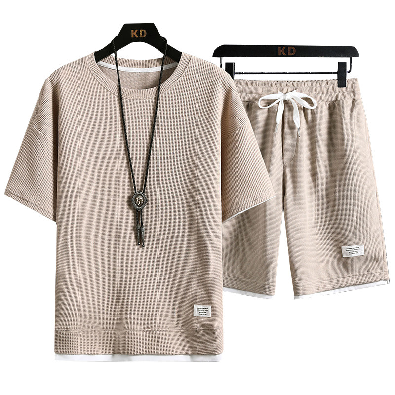 夏季抖音主推华夫格套装短袖短裤男宽松半袖落肩情侣蓝TZ9318P38,男装休闲套装,星座1207