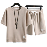 夏季抖音主推华夫格套装短袖短裤男宽松半袖落肩情侣黑TZ9318P38，男装休闲套装，星座1207