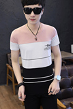 夏季全棉短袖男T恤男V领卫衣套头青年拼接条纹商务英文粉色768P20，男装T恤，星座1207
