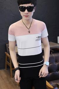 夏季全棉短袖男T恤男V领卫衣套头青年拼接条纹商务英文粉色768P20图片