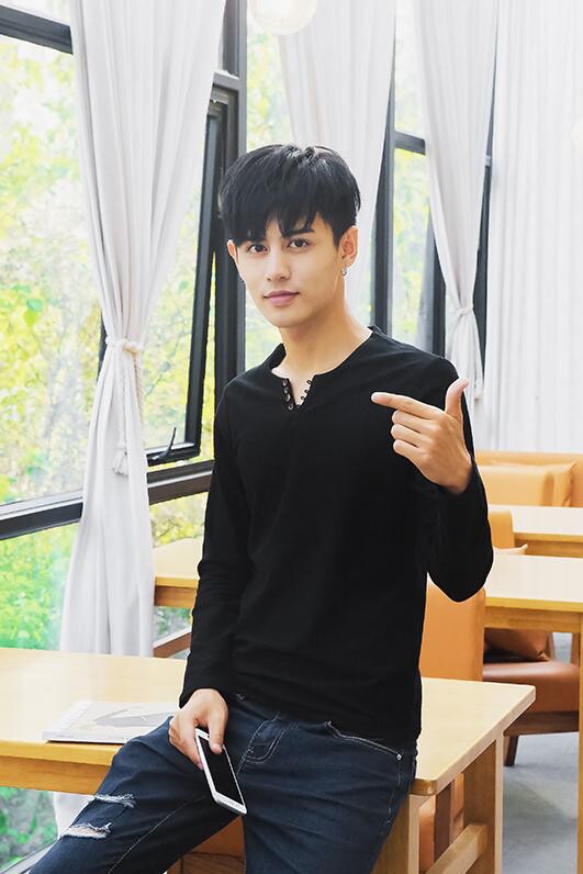 春季竹炭棉休闲V领扣子长袖男T恤卫衣韩版贴身修身舒适黑色602P15,男装T恤,星座1207