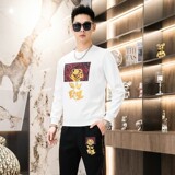 秋冬时尚套装简欧圆领休闲男士卫衣两件长袖长裤印花白色9351P120，男装休闲套装，星座1207
