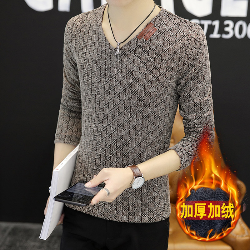 冬季加绒加厚长袖男韩版卫衣男外贸大码网格纱打底衫黑K13加绒P30,男装卫衣,星座1207