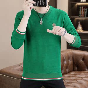 主推长袖男欧版大码商务直播休闲卫衣套头日系圆领模特绿9739P45图片