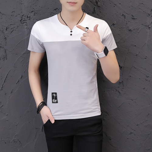 Summer Short Sleeve T-shirt Men's Sanitary Wardrobe Men's V-collar 2-button Splice Printed Permeable Cotton Sleeve