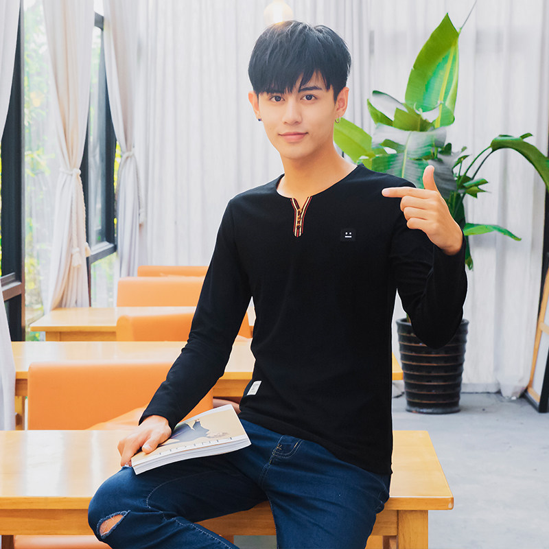春季薄款卫衣男T恤男流行透气舒适棉贴身修身长袖V领扣子白603P18,男装T恤,星座1207