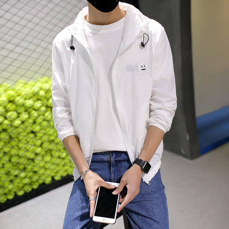 夏季防晒衣男外套夹克男笑脸连帽透气防晒服挡风风衣白色671P30图片