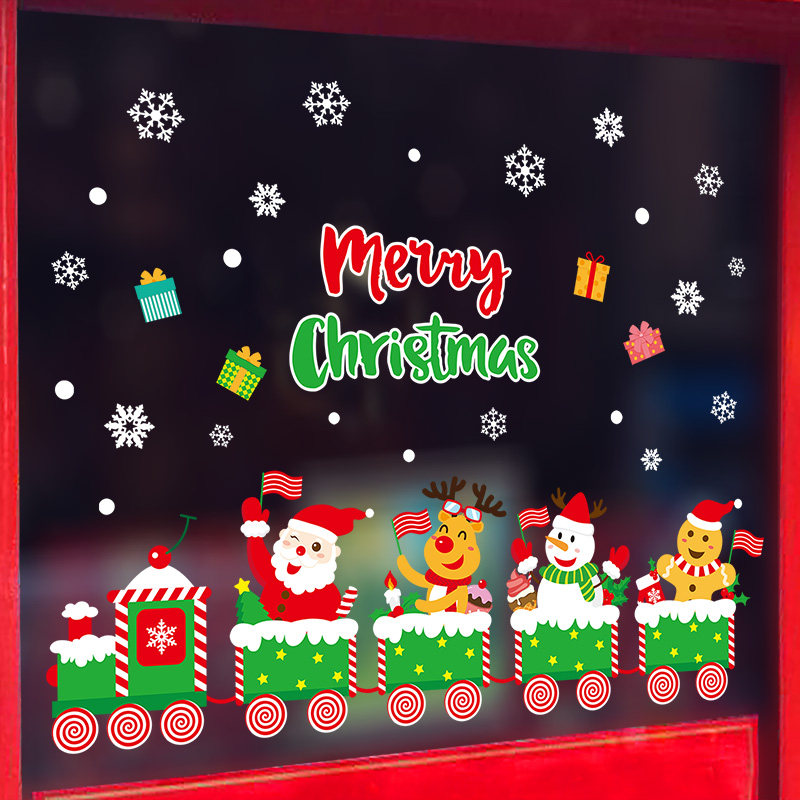 圣诞节场景布置装饰用品门店铺橱窗户装饰玻璃贴纸圣诞火车墙贴画