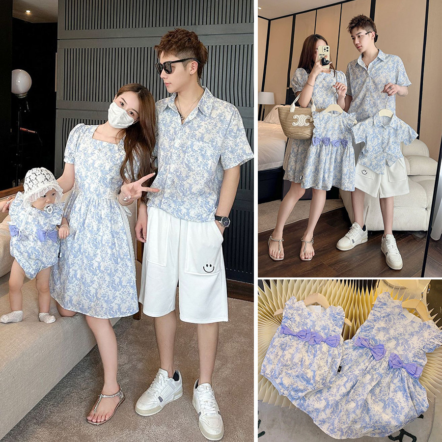 해변 해변 정장 여름 2024 새로운 활 작은 꽃 부모 - 자식 드레스 중국 스타일 아동복 트렌드