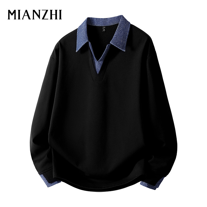 棉致美式复古拼接撞色假两件卫衣男春秋加肥加大码Polo衫情侣外套