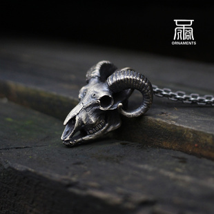 骷髅大盘山羊头骨吊坠项链原创925纯银男女情侣银饰小猪生肖银链
