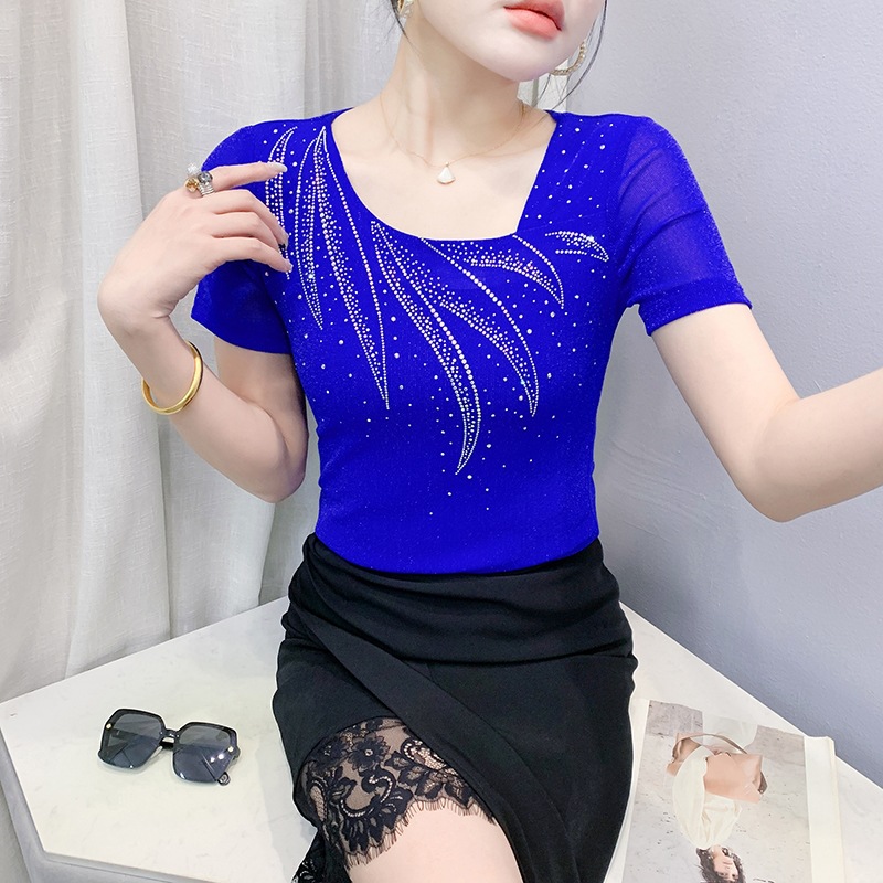 YX-831夏上新别致设计感烫钻网纱T恤时尚洋气短袖上衣修身显瘦