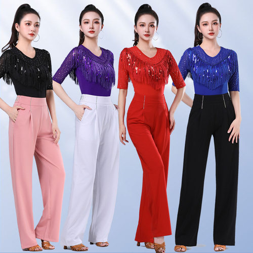 PYX-053春夏吉特巴上衣中袖广场舞服女三步彩流苏圆领黑色舞蹈服