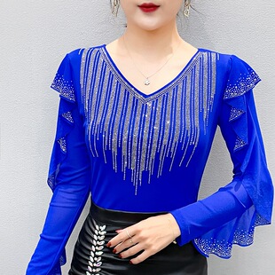 显瘦打底衫 女潮 909欧洲站2026春上新V领花边镂空镶钻洋气修身