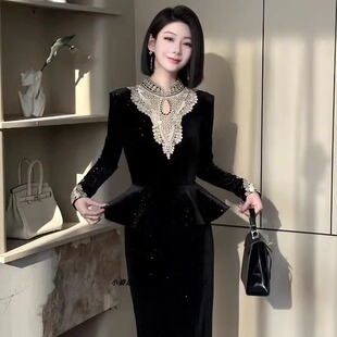 【夜宴春秋季优雅名媛范蕾丝显瘦气质黑色细闪丝绒宴会连衣裙显瘦