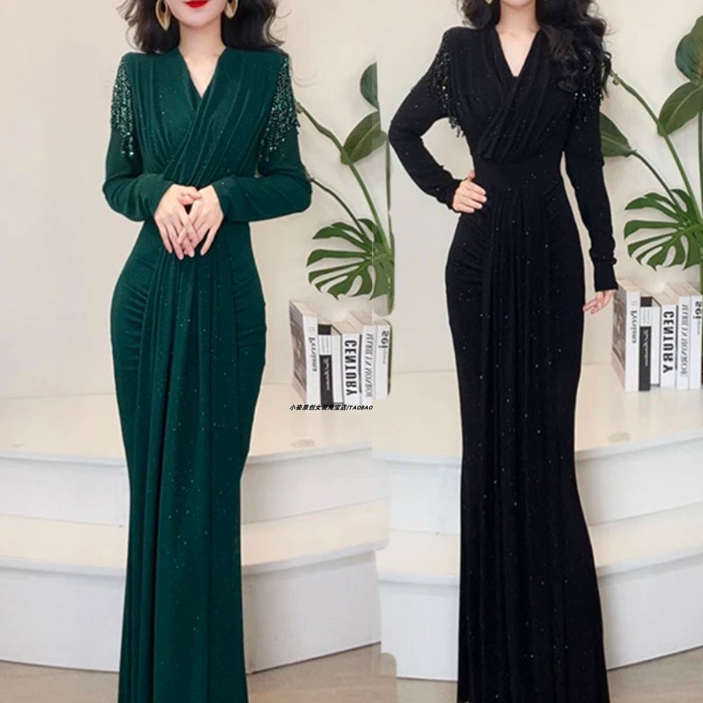 轻奢烫钻吊坠垫肩显瘦连衣裙