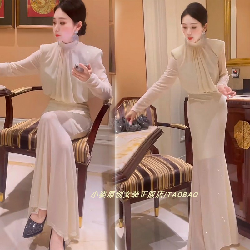 正版2026春季温柔风亮钻烫金丝包臀鱼尾连衣裙潮长裙立领显高显瘦