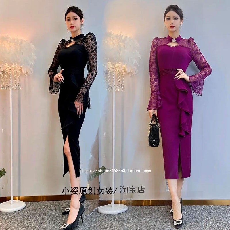 正品秋季新款时尚蕾丝拼女人味修身连衣裙气质优雅甜美长袖纯色裙