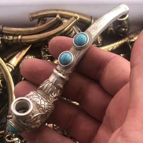 古玩杂项仿古做旧工艺品白铜镀银绿镶嵌松石龙凤龙头烟嘴烟斗