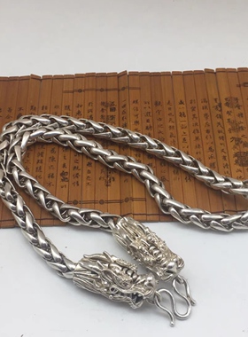 白铜镀银苗族银手工雕刻链子银链项链男女霸气银饰项链吊坠龙头