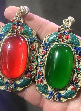 古玩杂项复古做旧藏银镶嵌景泰绿色玉方牌吊坠挂件工艺品
