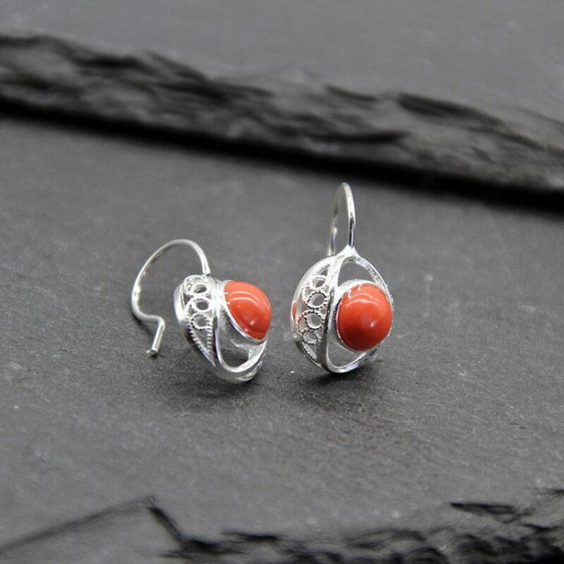 民族风925银珊瑚石耳环复古西藏藏族银饰花纹饰品蒙古族银子特色