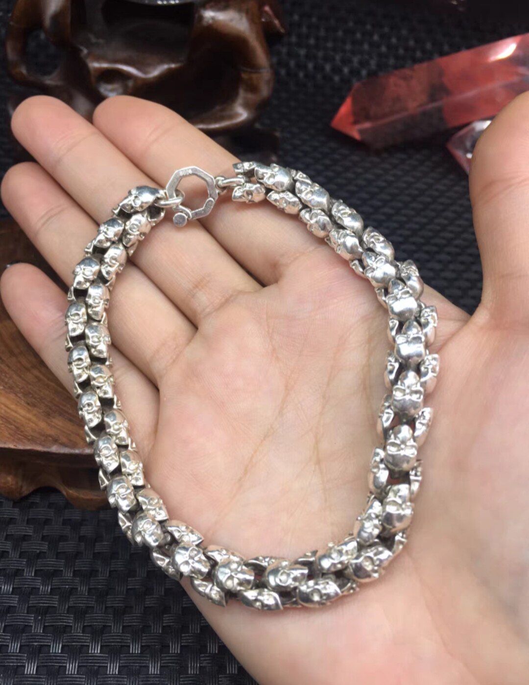做旧白铜镀银苗族银手工雕刻骷颅头银链手链男女霸气银饰手镯现货