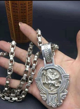 新款个性潮流做旧白铜镀银项链男女款复古粗款银狮子王吊坠吊牌