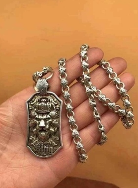 个性潮流做旧白铜镀银手工狮王兽牌项链骑士浮雕吊坠项链颈饰品