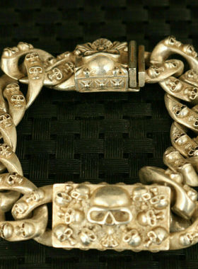 老旧白铜手工铸造骷颅头雕像手链男人手镯个性嘻哈风民族风骷髅