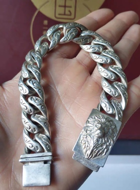 做旧白铜镀银苗族银手工雕刻狮子头银链手链男人银饰手镯