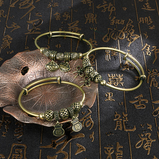 做旧仿古铜手镯女手钏实心纯黄铜招财纳福转运平安男女款手串饰品