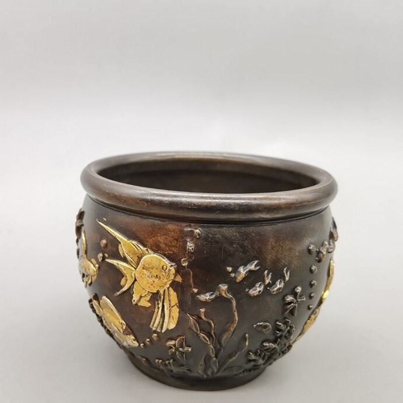 仿古做旧铜鎏金鱼缸铜香炉烟灰缸家居客厅摆设铜缸摆件工艺品