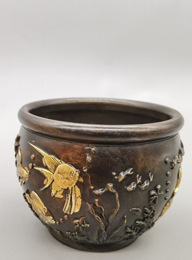 仿古做旧铜鎏金鱼缸铜香炉烟灰缸家居客厅摆设铜缸摆件工艺品
