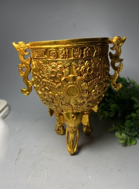 纯铜鎏金永固杯古玩工艺品吉祥