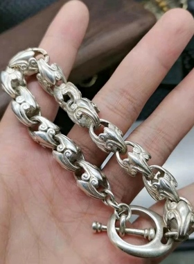 老旧白铜镀银铸造雕刻手链嘻哈风