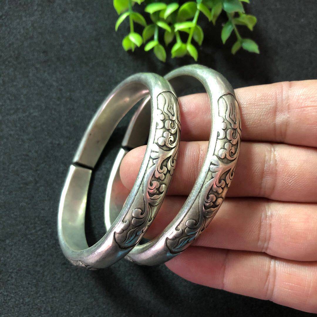 批发藏银苗银手镯 复古民族风荷花鱼款银手镯 工艺品 一件代发